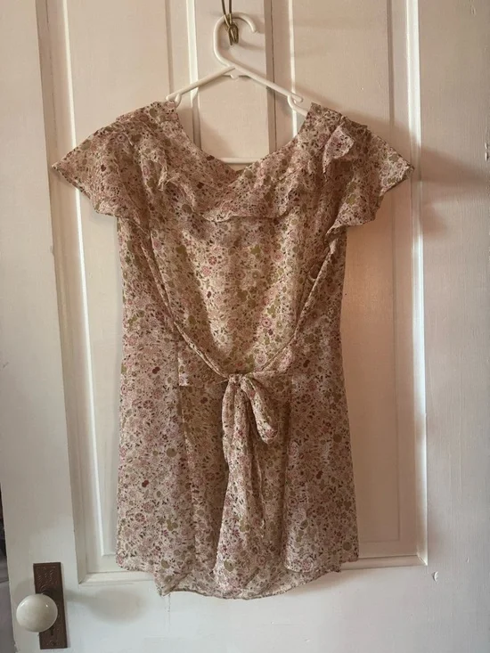 Motherhood Cream Floral V-Neck Dress with Pink & Green Print - Picture 3 of 4